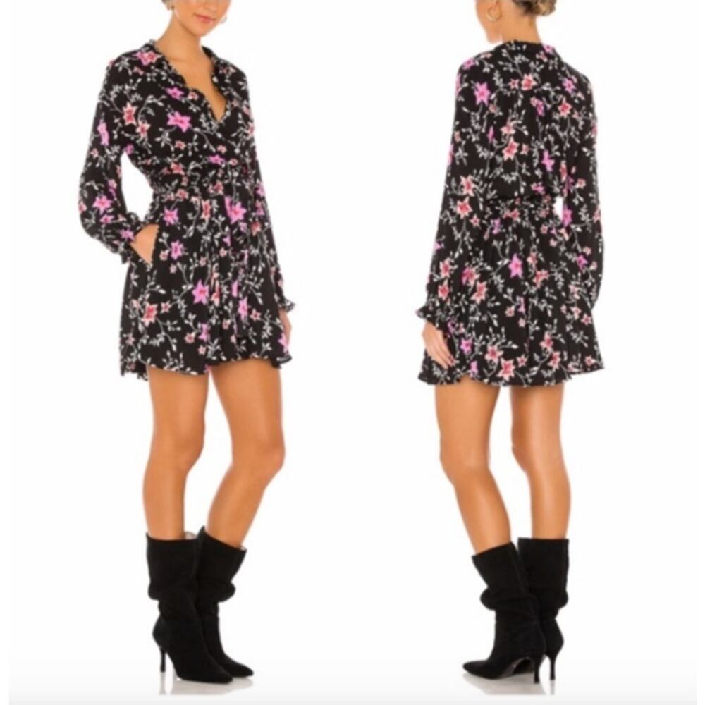 Free People Lighten Up Floral Long Sleeve Mini Ruffle Shirt Dress, Size Medium
